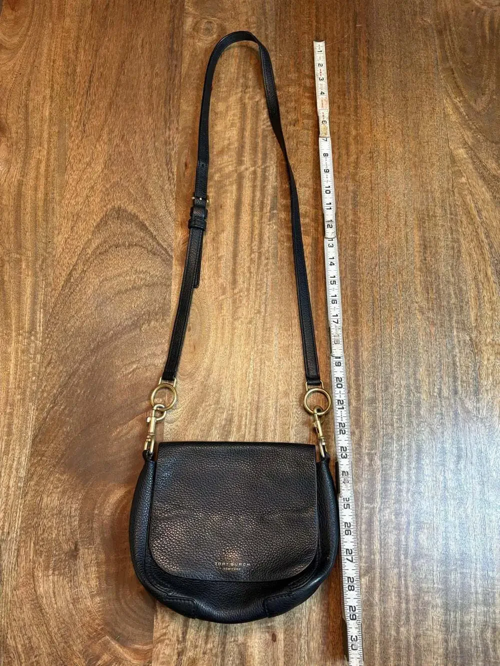 Tory Burch New York Crossbody Bag Womens Small Black Leather Flap Saddle Purse